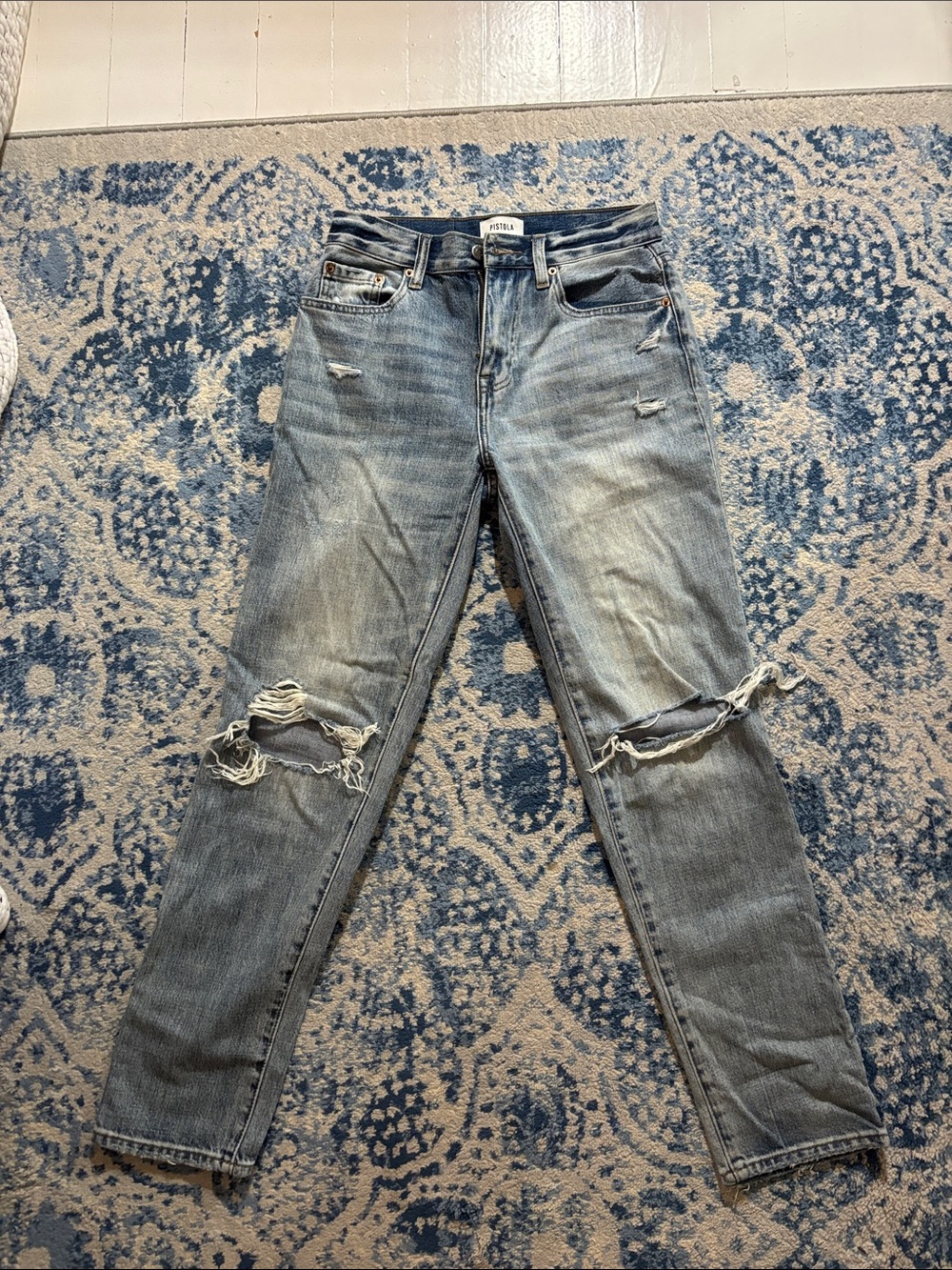 pistola Distressed Straight Leg Jeans in Light Blue